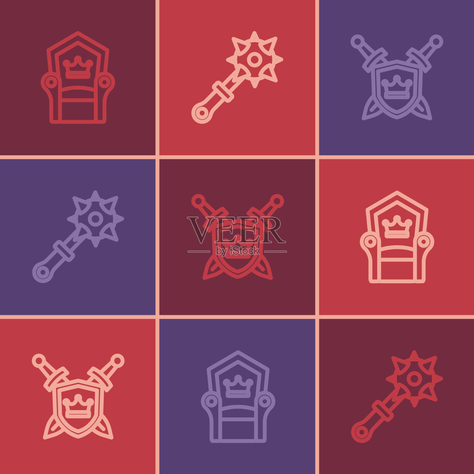 设置线中世纪王座盾牌与剑和图标素材