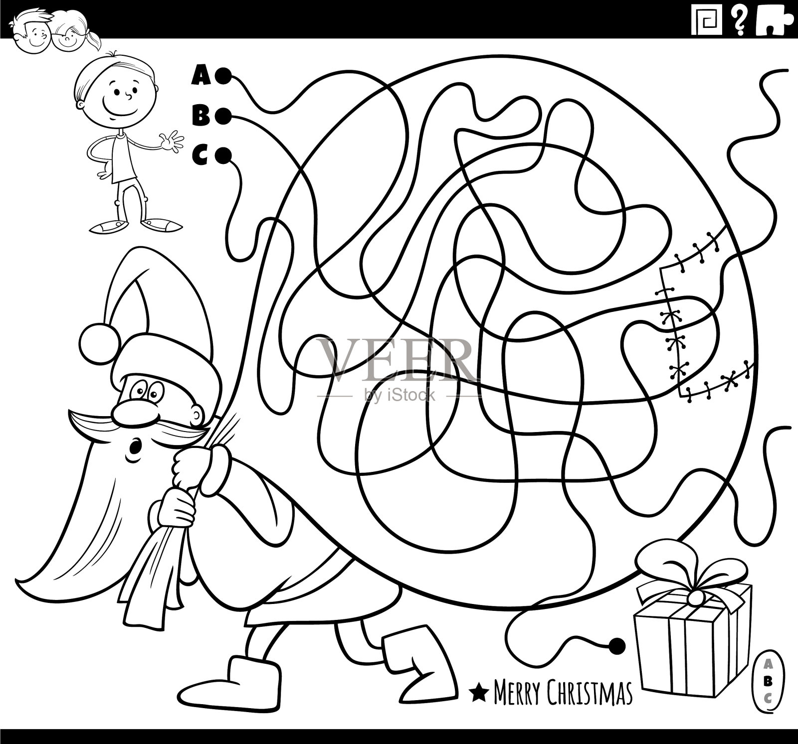 迷宫里有圣诞老人还有礼物和男孩插画图片素材