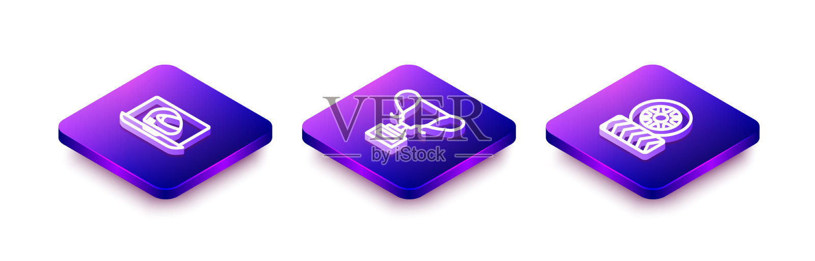 设置等距线赛车头盔奖杯和图标素材