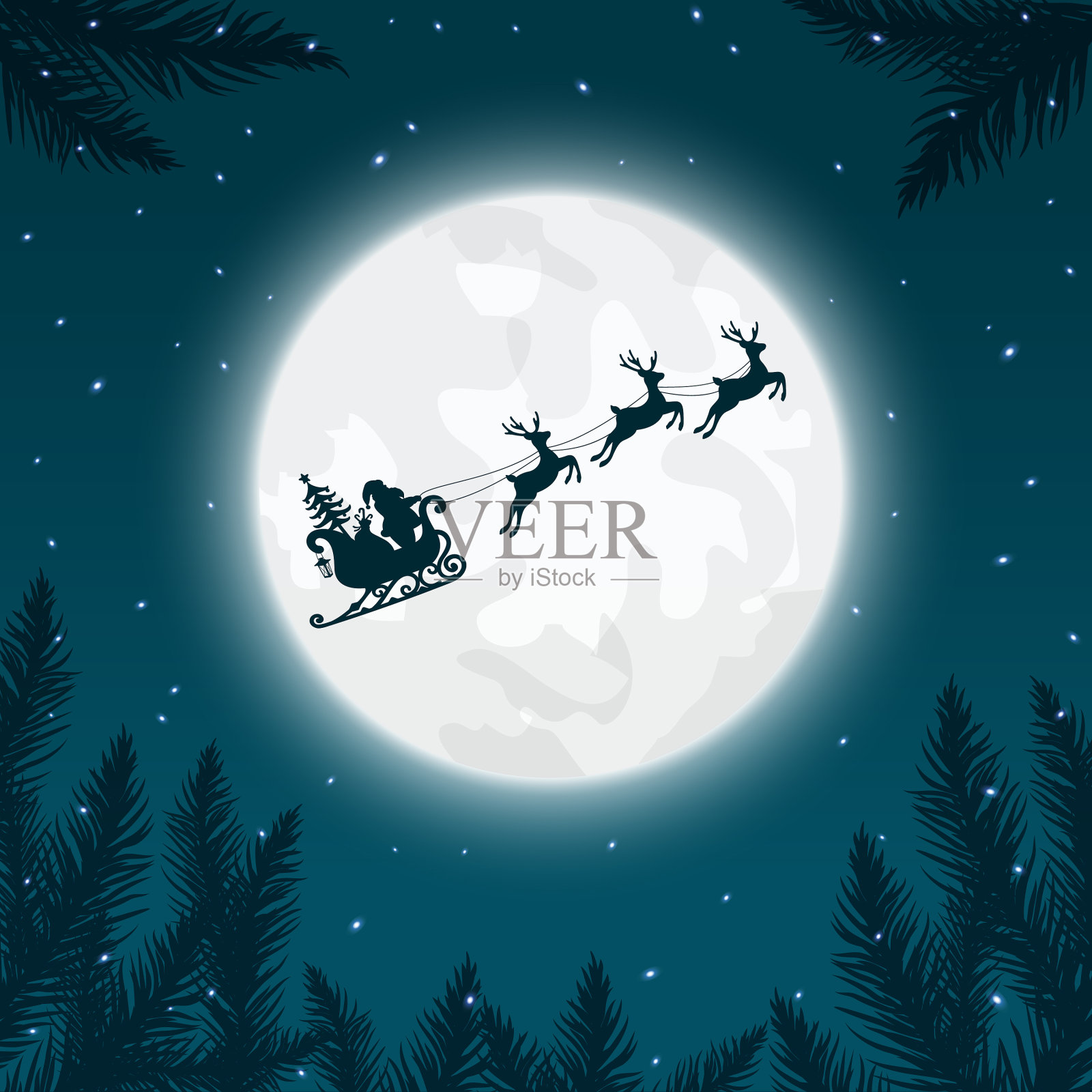 圣诞老人和驯鹿坐在雪橇上插画图片素材