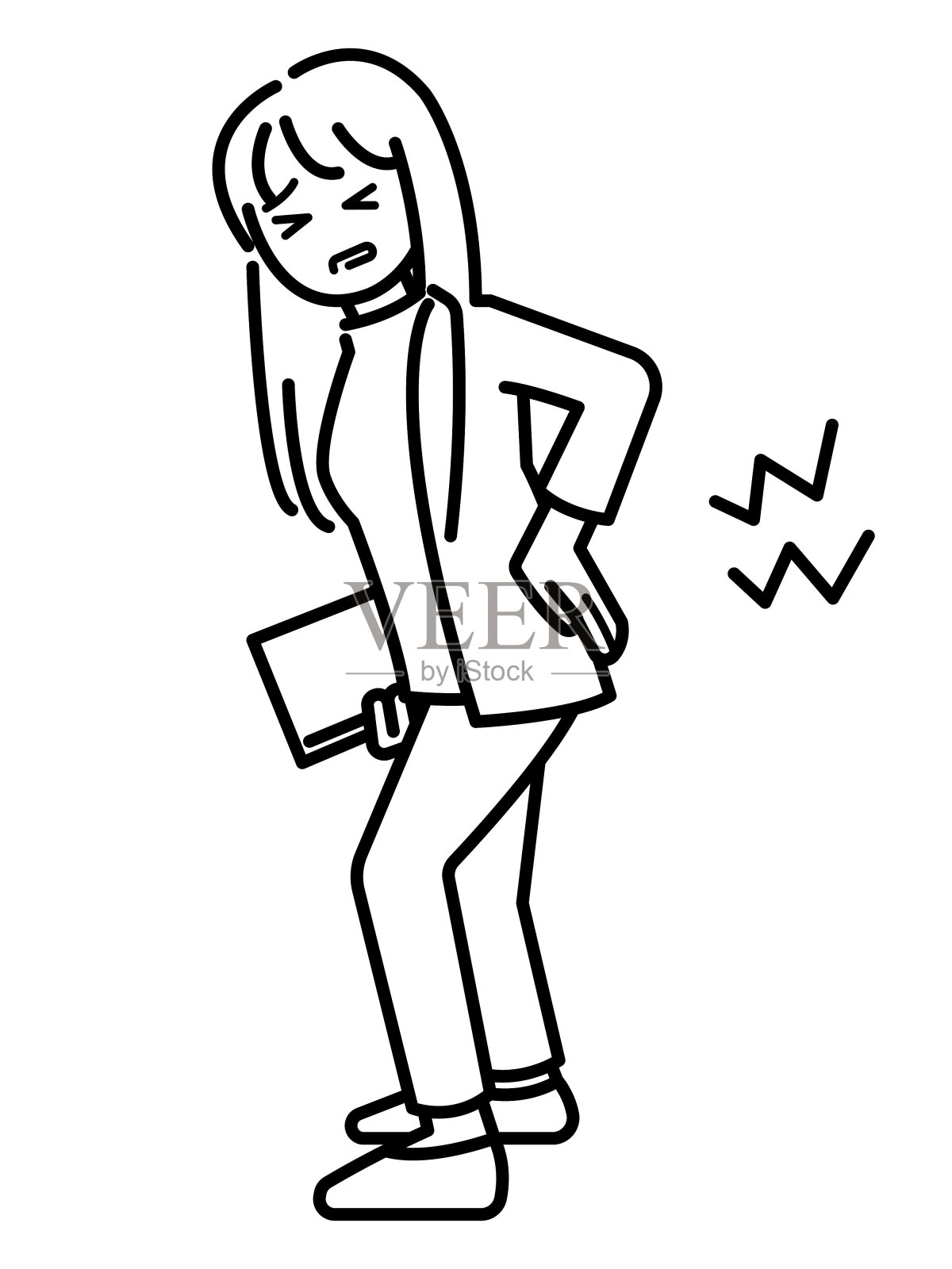 背部疼痛的女人的剪贴画，线条画。插画图片素材