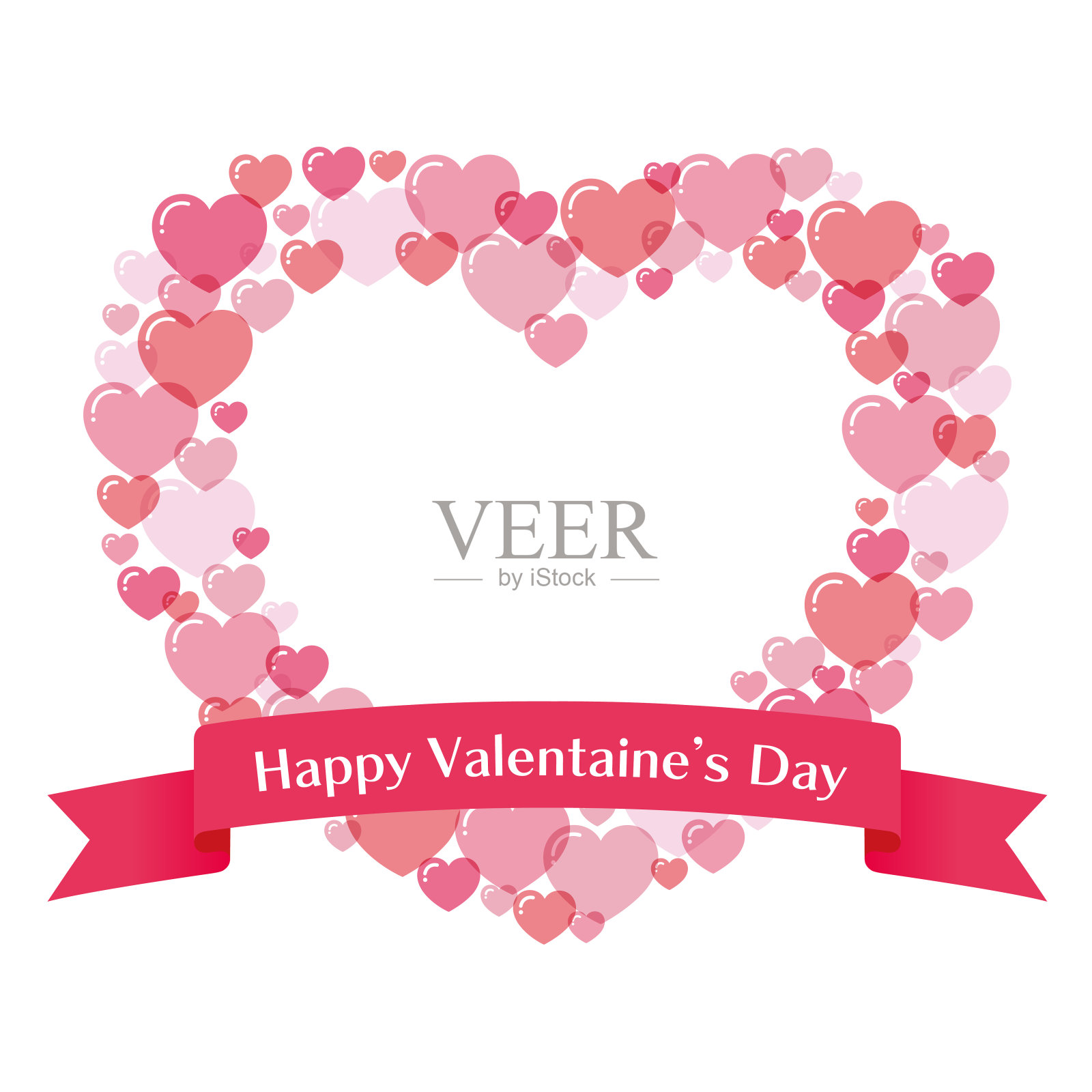透明可爱的粉色光泽情人节心形框架与丝带插画图片素材