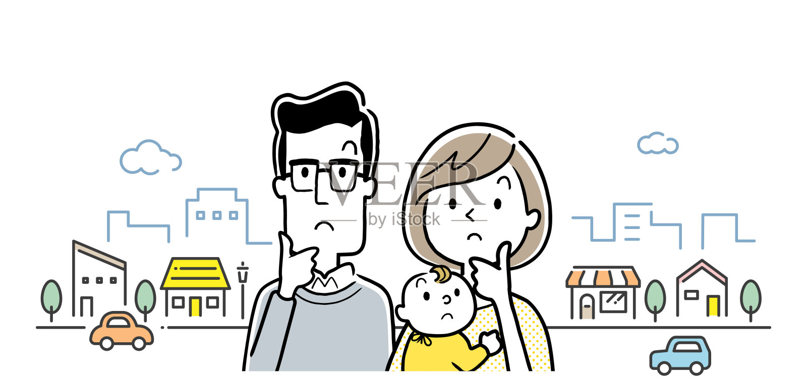 矢量插图材料:思考三口之家和城市背景插画图片素材