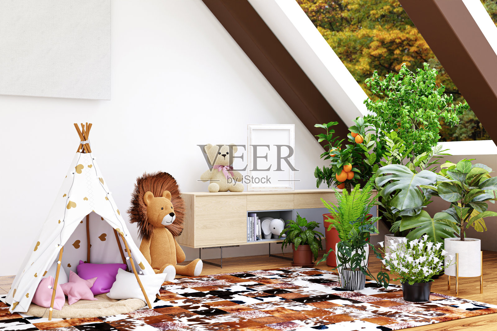 带有室内植物的明亮阁楼儿童房的3d渲染插图。照片摄影图片