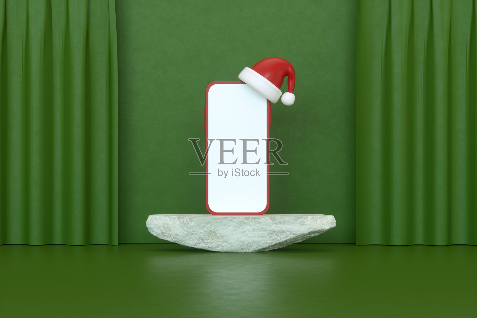 黑屏手机与圣诞老人帽子在岩石讲台上新年圣诞绿色背景照片摄影图片