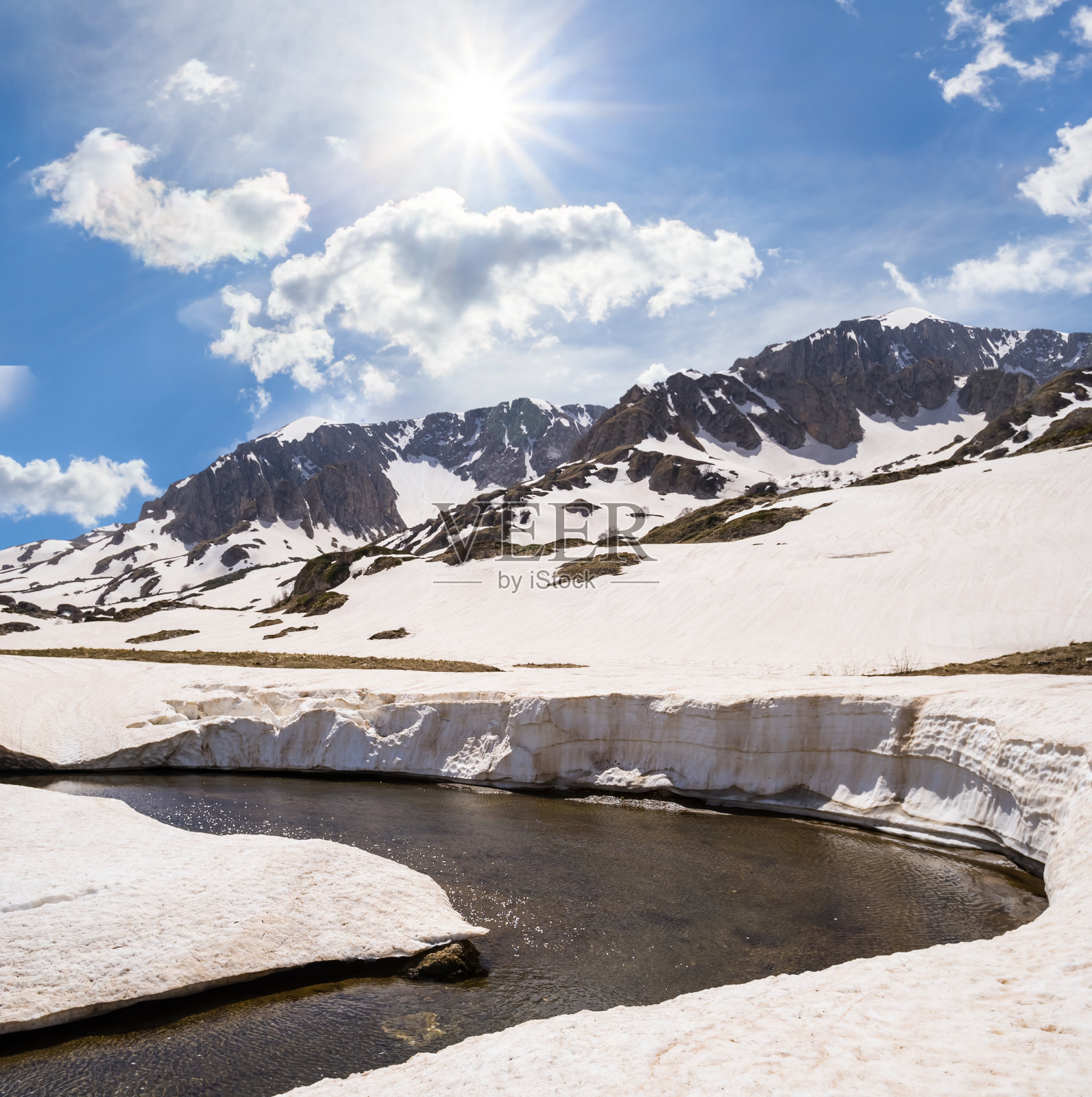 阳光明媚的日子里，小河穿过白雪覆盖的山谷照片摄影图片