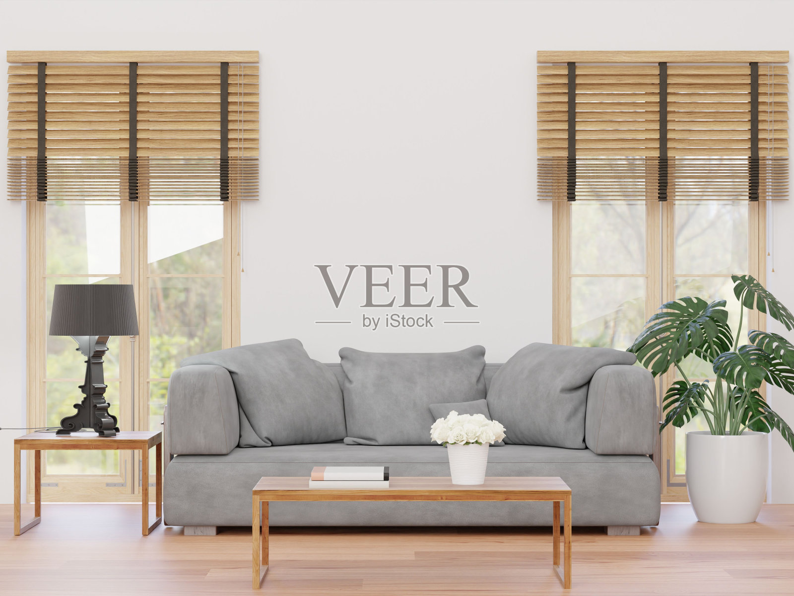 现代客厅的3D渲染，有沙发等极简风格的细节照片摄影图片