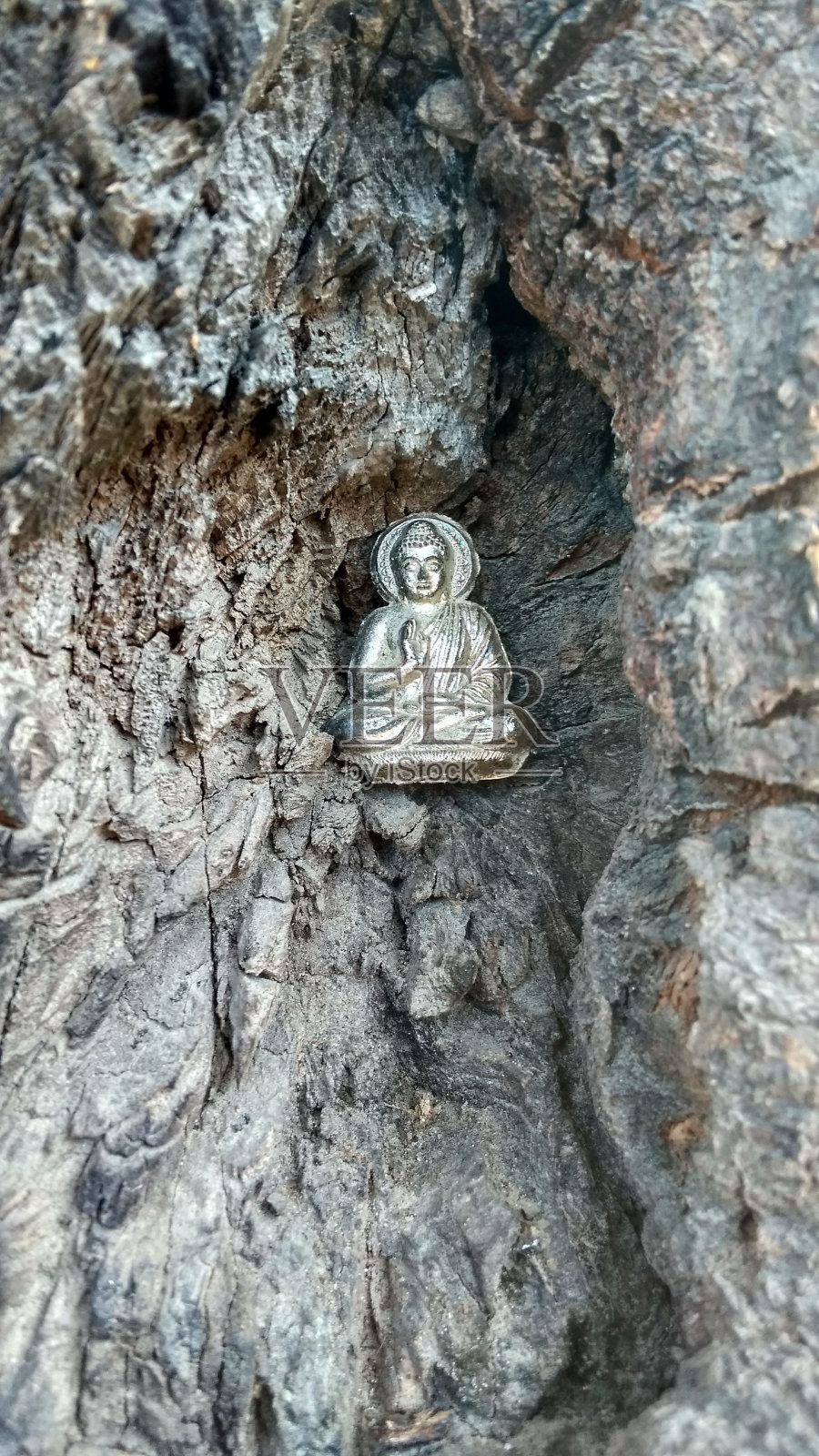 一个在树皮上的银色小佛像的特写，垂直拍摄照片摄影图片