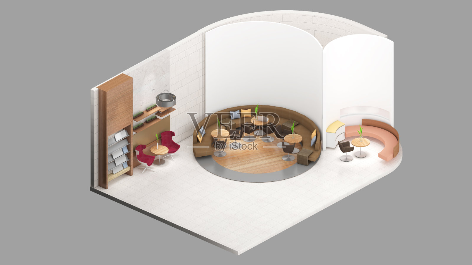 休息室，公共空间的等距视图，3d渲染。照片摄影图片