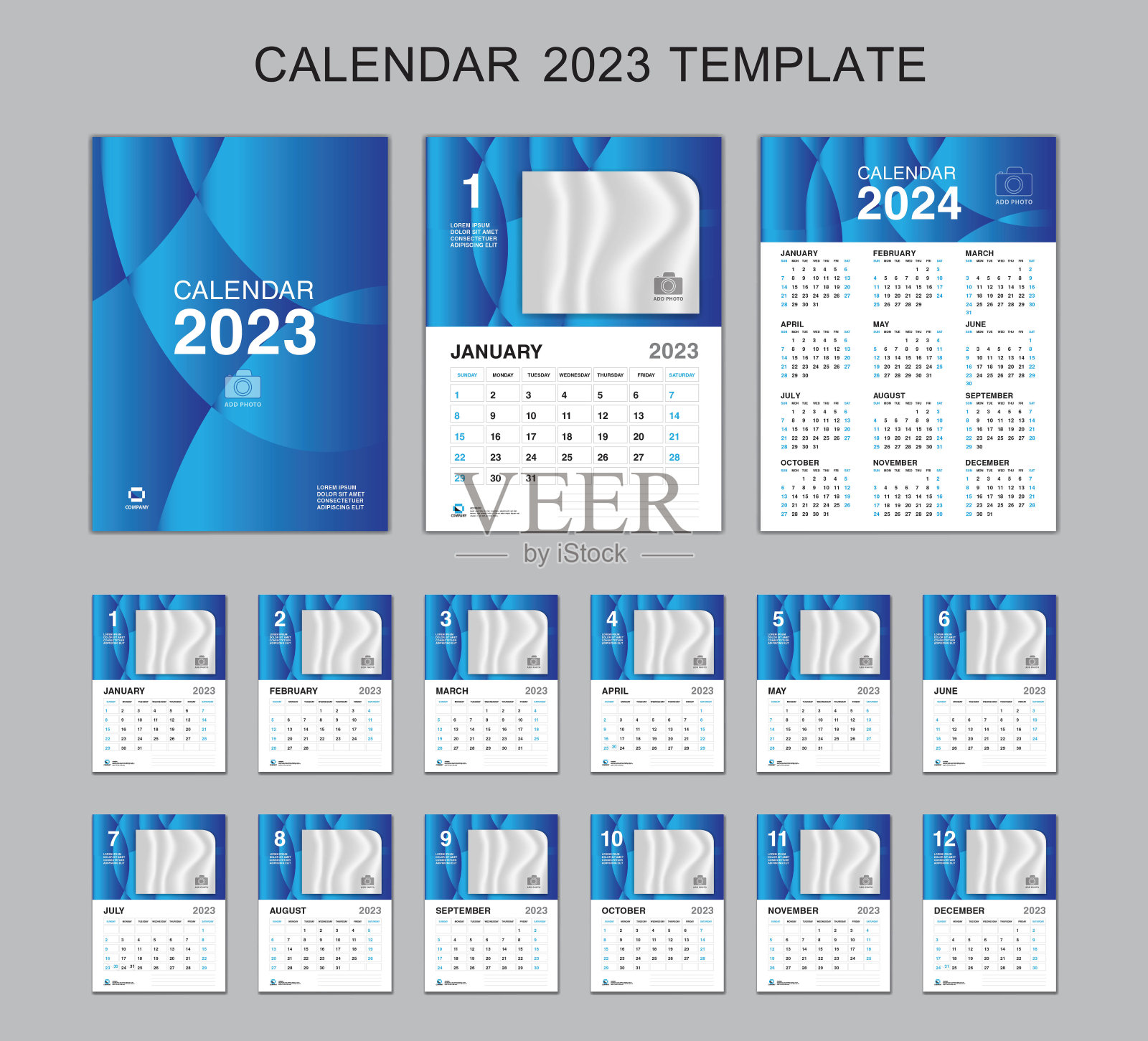 日历2023模板集和日历2024设计，台历2023年，墙壁日历2023年，周开始在星期天，计划表，文具，印刷，海报，垂直艺术品设计模板素材