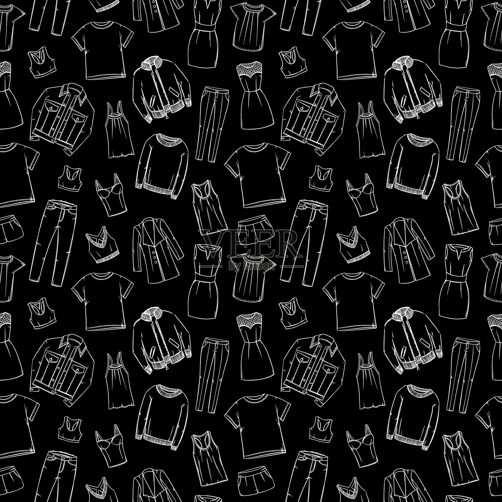 时尚涂鸦图案。衣服草图。服装。套装。女性时尚背景。织物的设计。休闲风格。牛仔布。牛仔裤穿。礼服。外套。夹克。Leggins。毛衣。t恤。插画图片素材
