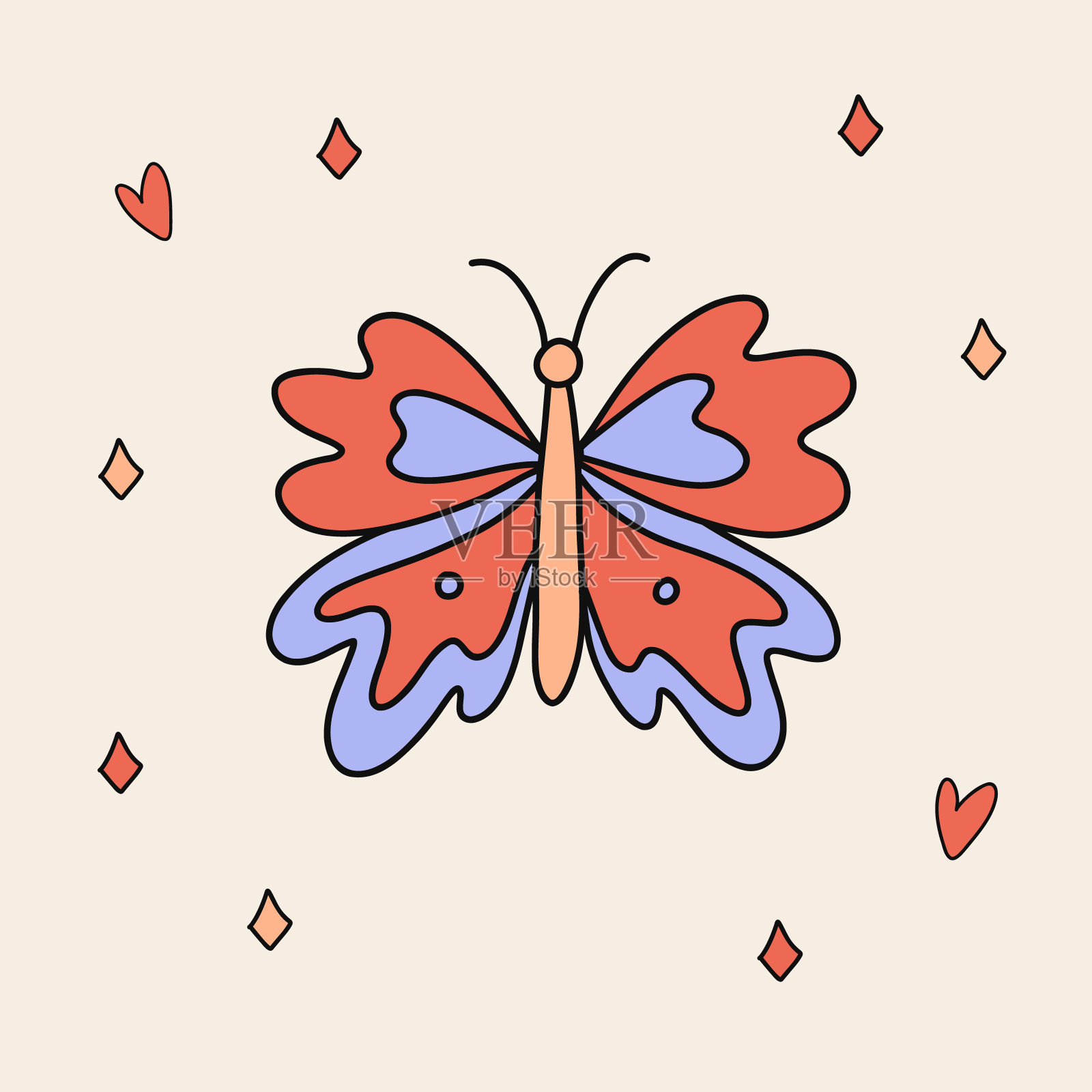 有趣的复古贴纸的Groovy蝴蝶。复古卡通六七十年代的迷幻元素插画图片素材