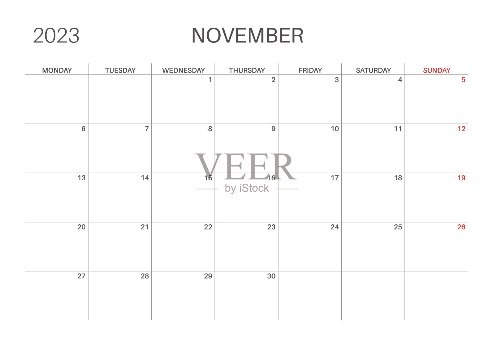 月度计划。横向月历。简单、极简的设计。设计模板素材