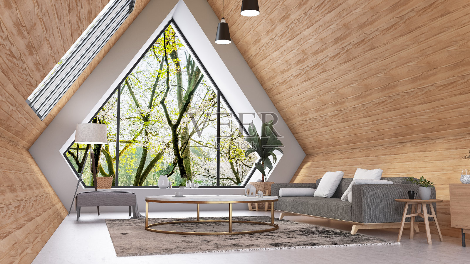 现代三角形橱柜与客厅家具照片摄影图片