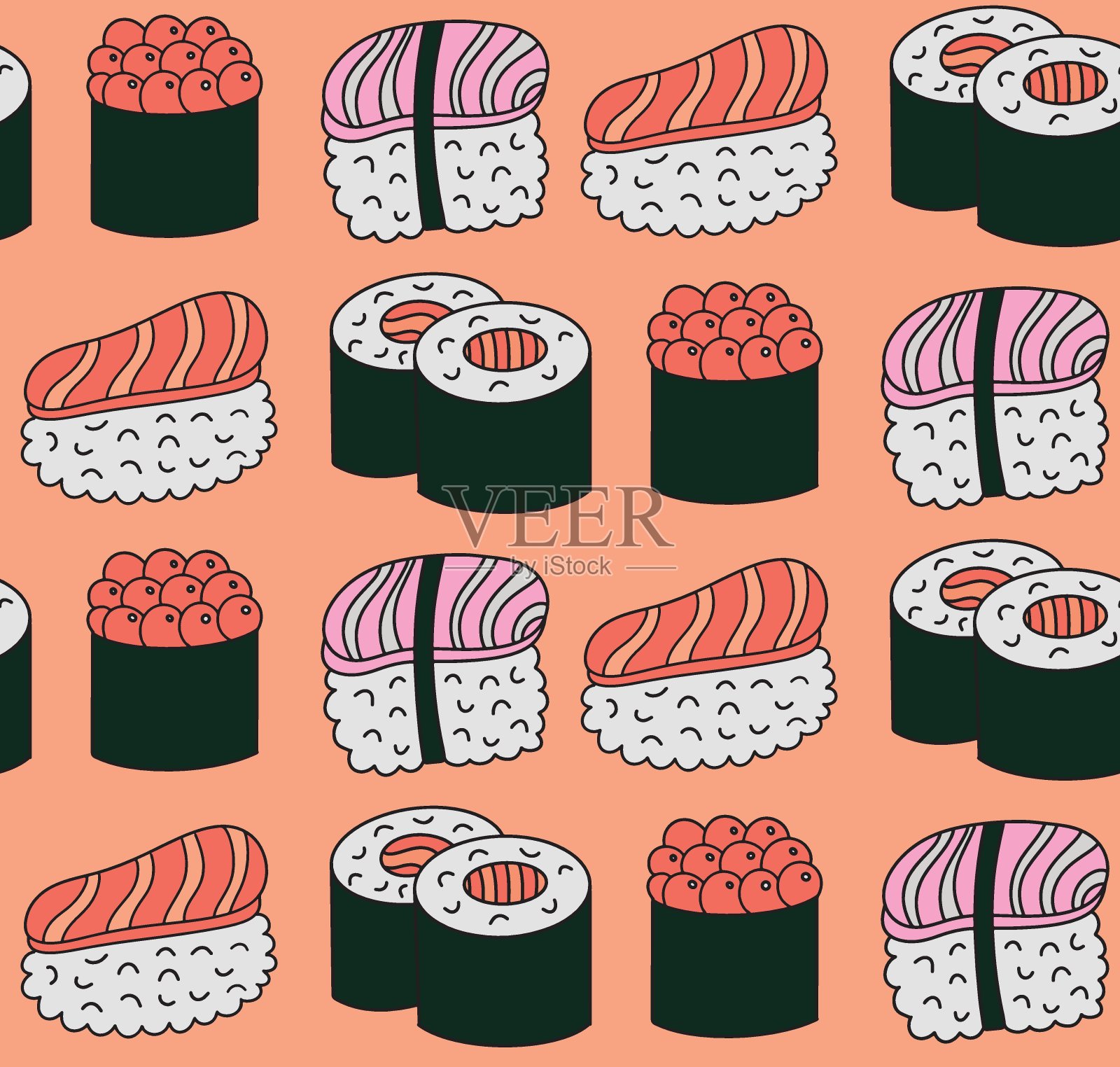 无缝图案背景明亮可爱的寿司手绘涂鸦。轮廓画与轮廓，亚洲食物矢量插图背景，印刷，墙纸插画图片素材