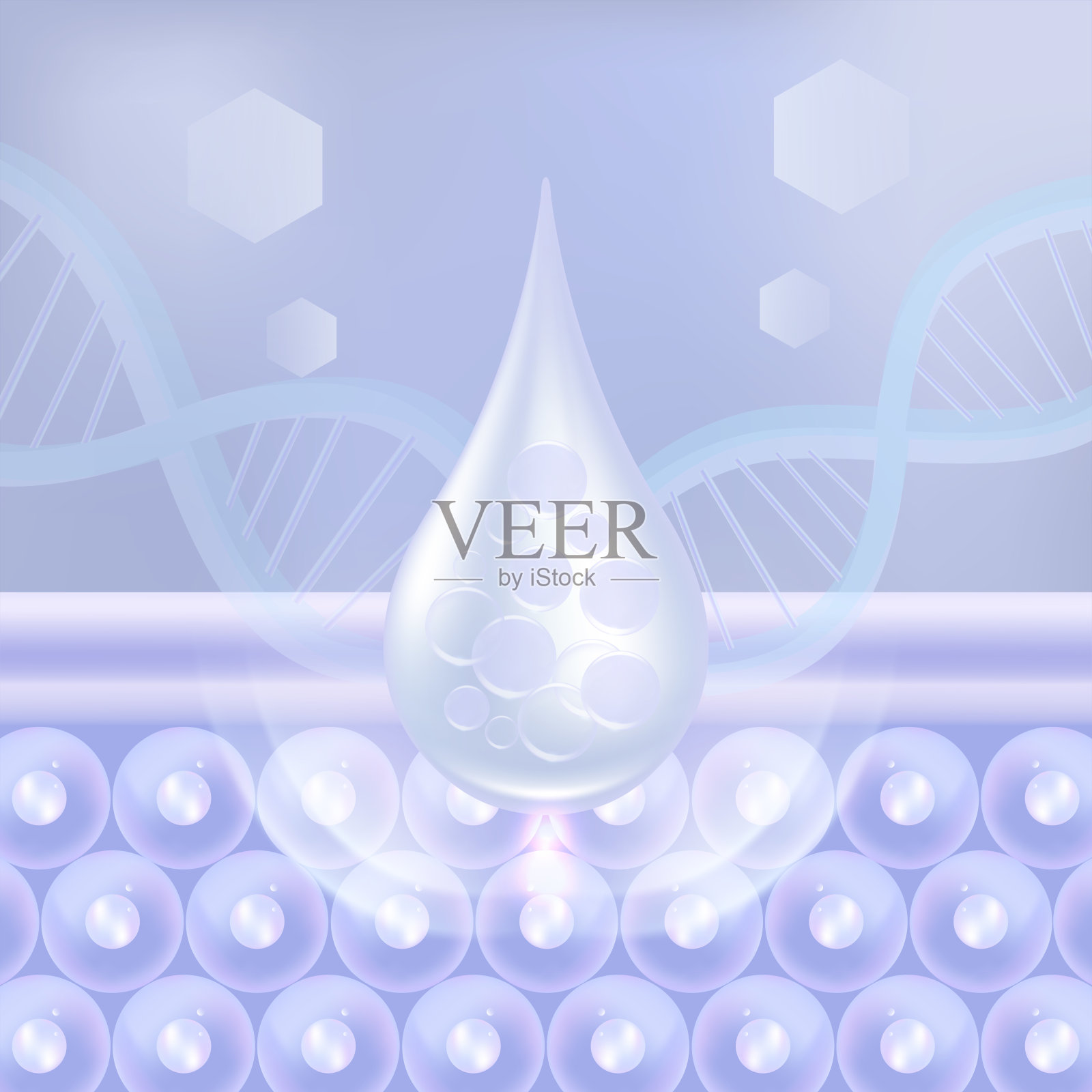 透明质酸头发和皮肤解决方案广告，蓝色胶原蛋白血清滴在皮肤细胞与化妆品广告背景准备使用，插图矢量。插画图片素材