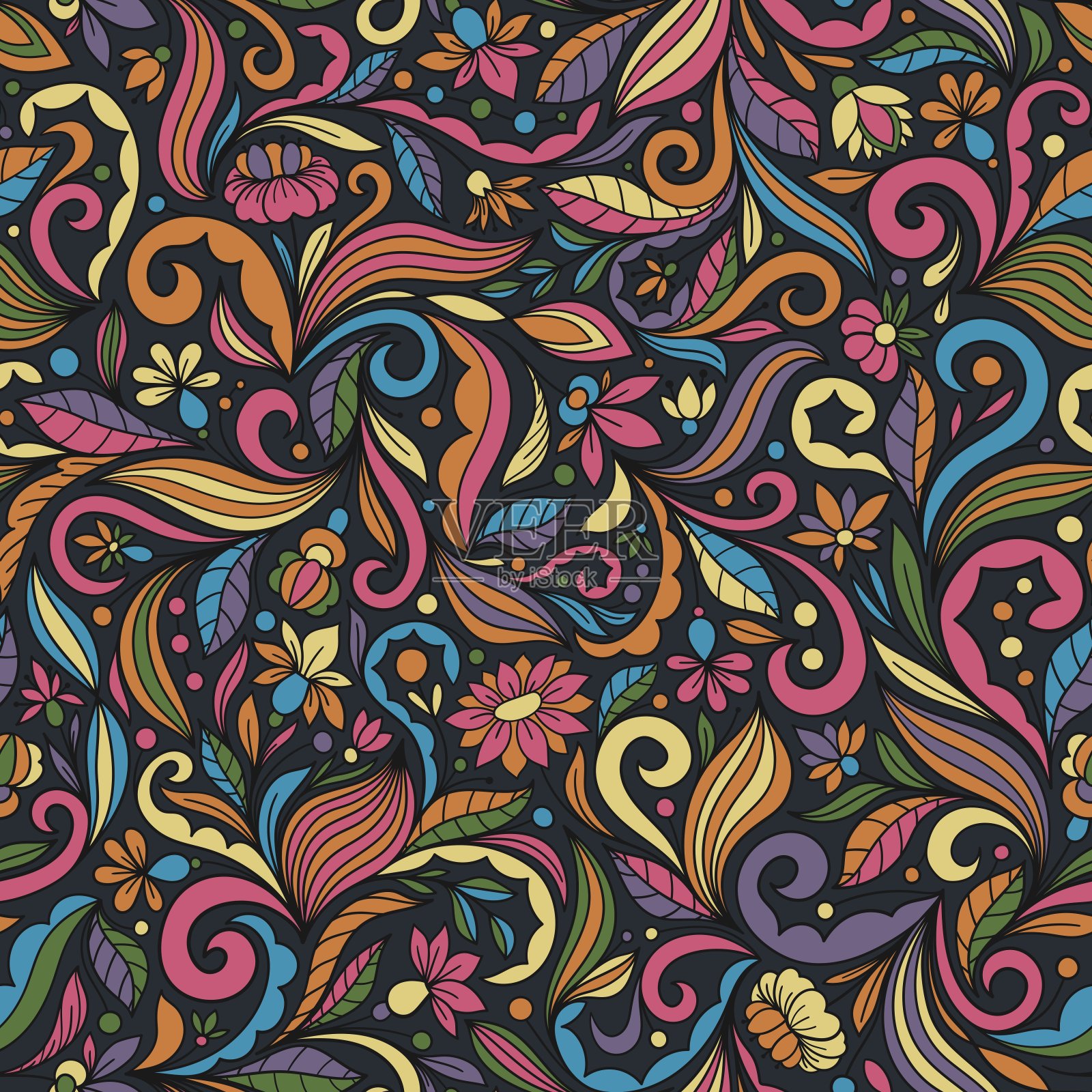 灰色无缝矢量背景与复杂的彩色花卉装饰插画图片素材