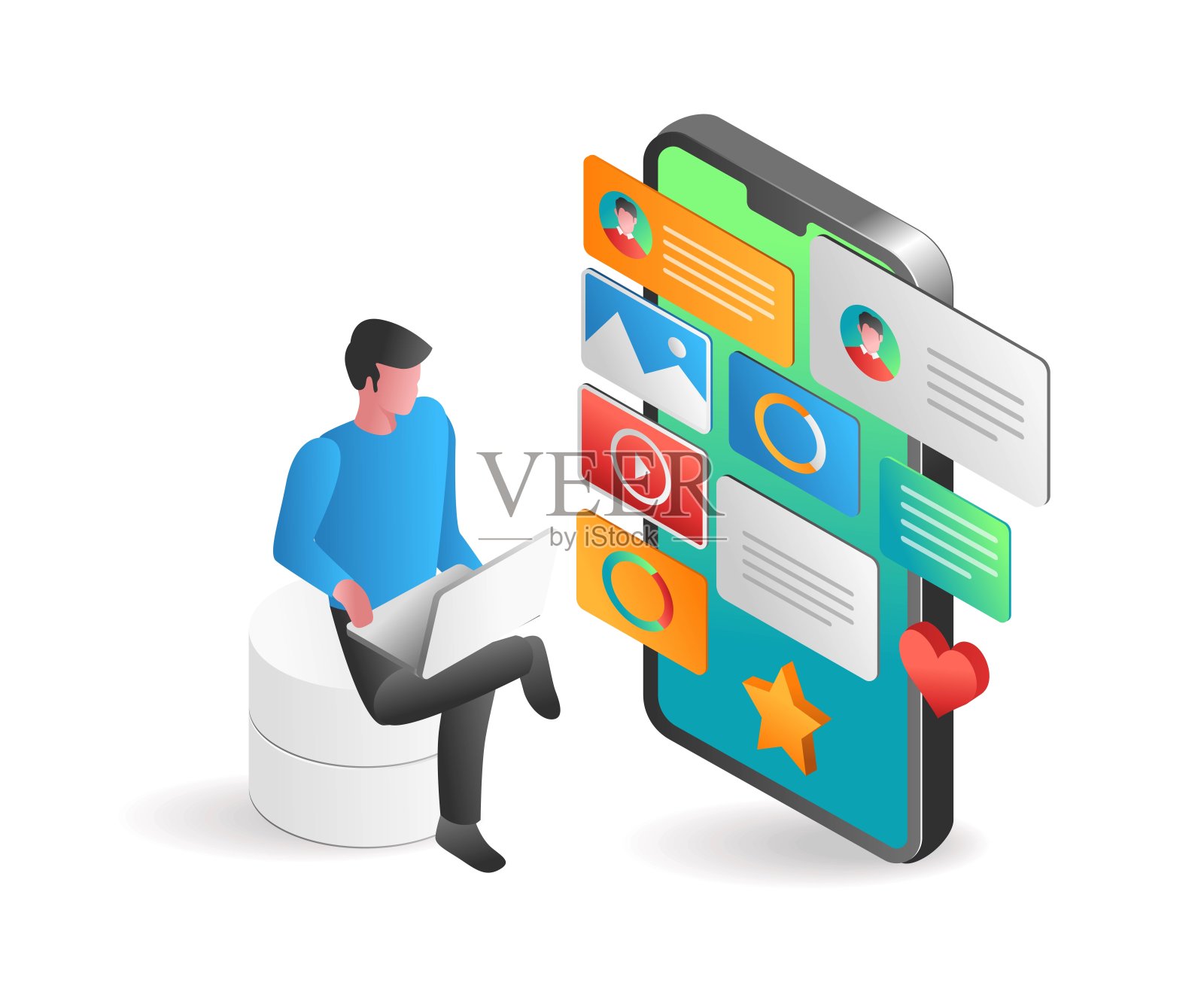 等距平面三维概念插画的人互动多个应用程序与智能手机插画图片素材