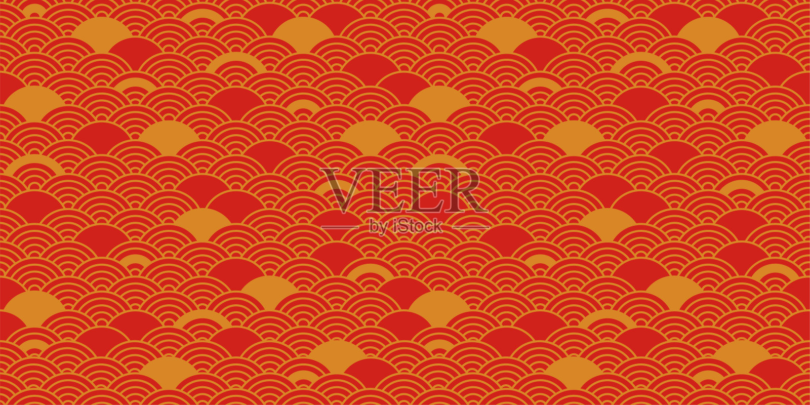 中式无缝图案，日式矢量背景，红色东方新年质感，金色波浪装饰。复古的风格插画图片素材