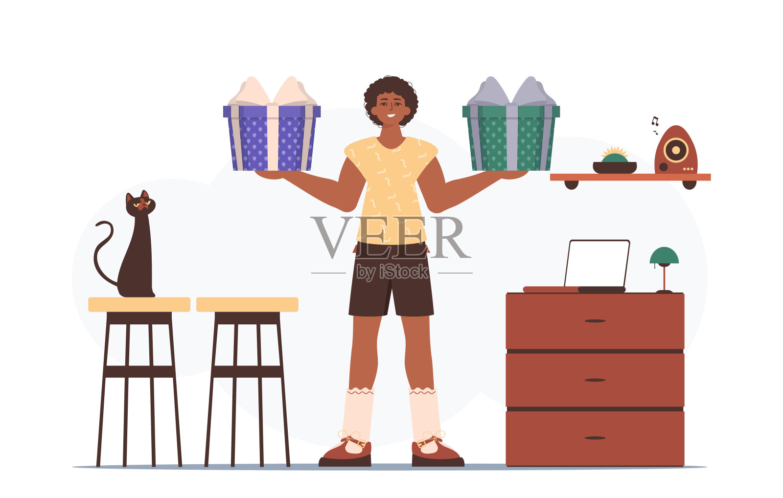 圣诞节或新年的礼物概念。那个人拿着一个节日礼品盒。插画图片素材