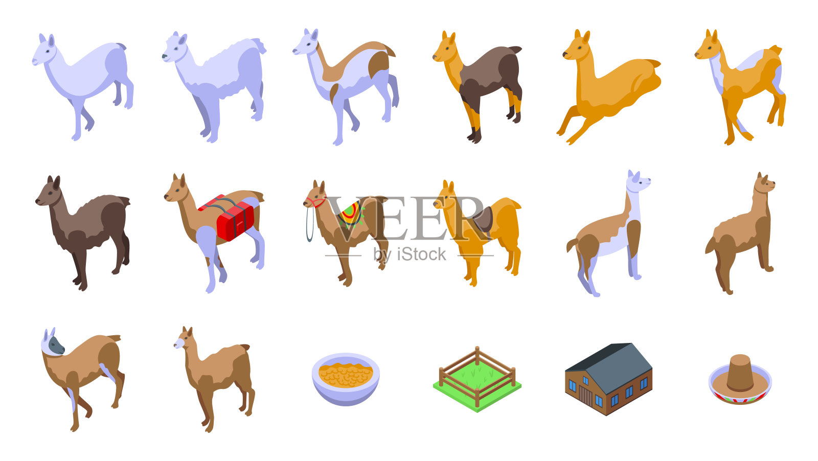 喇嘛图标设置等距矢量。动物羊驼插画图片素材