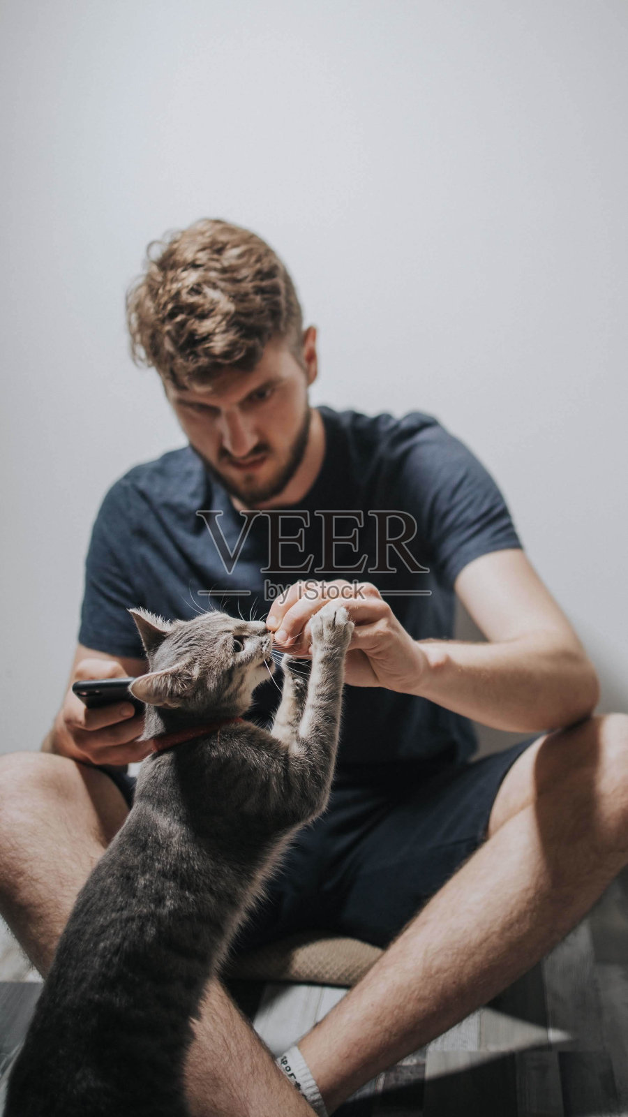 一个白人年轻人喂猫的垂直镜头照片摄影图片