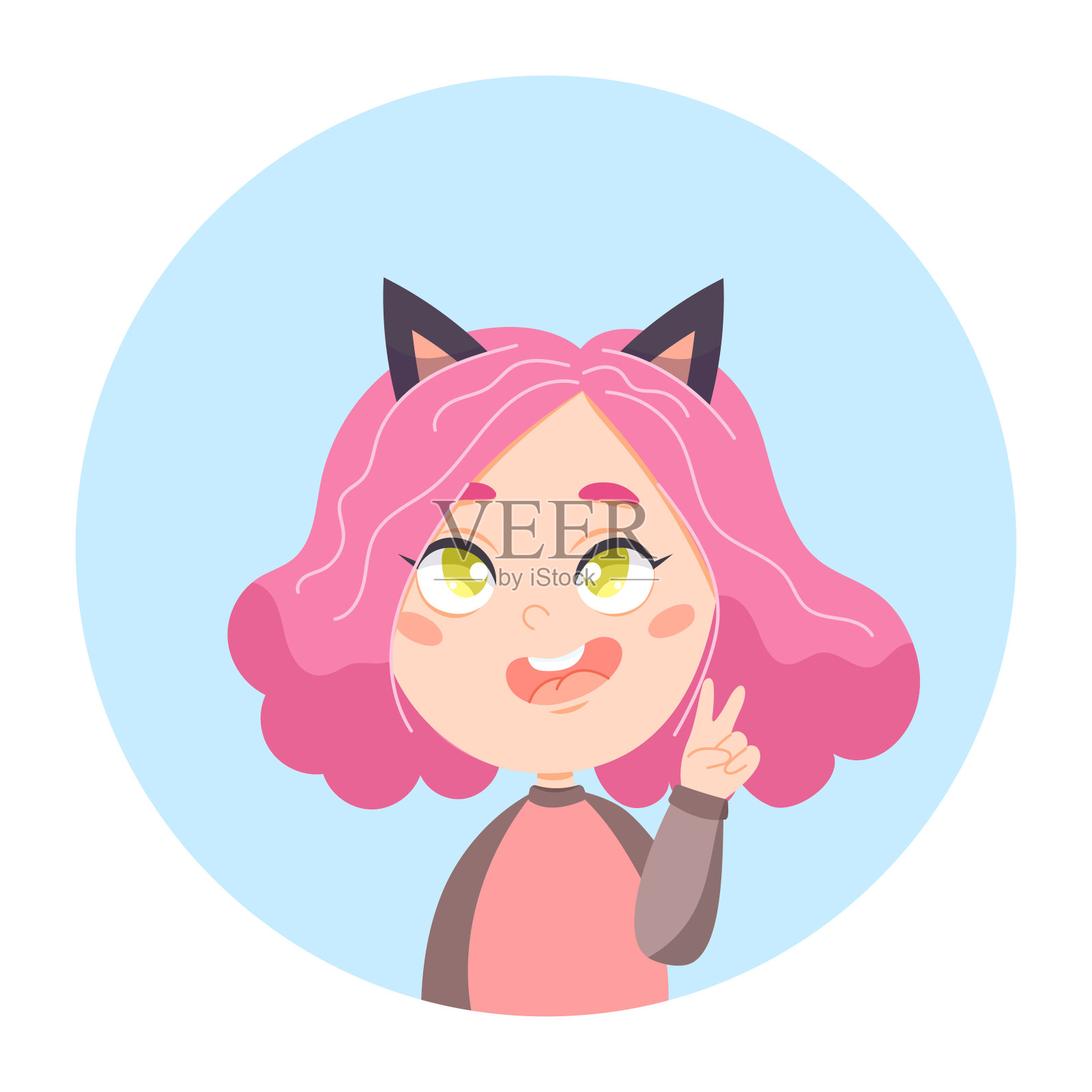 可爱的粉色头发卡通风格的女孩，绿色的眼睛和猫耳朵设计元素图片