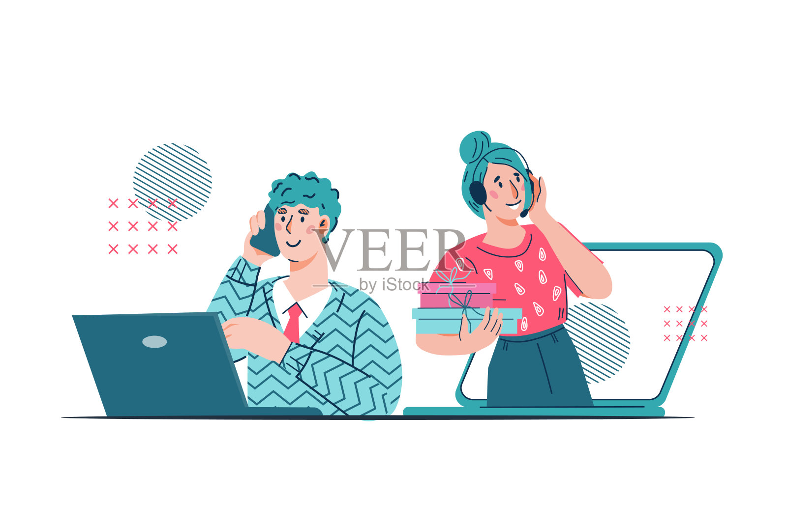 客服或热线呼叫中心接线员与客户交谈，平矢量。插画图片素材