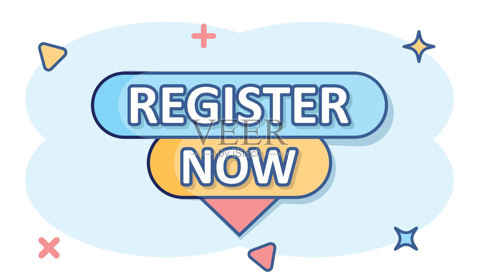 漫画风格的立即注册图标。注册卡通矢量插图，在孤立的背景上。会员通知飞溅效果标志业务概念。插画图片素材