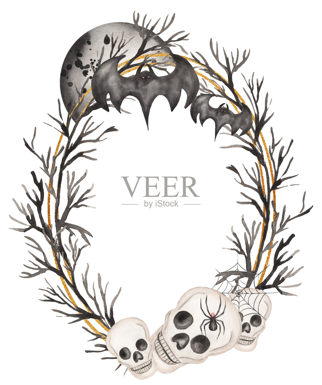 水彩手绘万圣节花环。恐怖的派对框架与骷髅插画，蝙蝠，黑月亮，树枝和蜘蛛剪贴画。带有万圣节符号的节日模板卡片。插画图片素材
