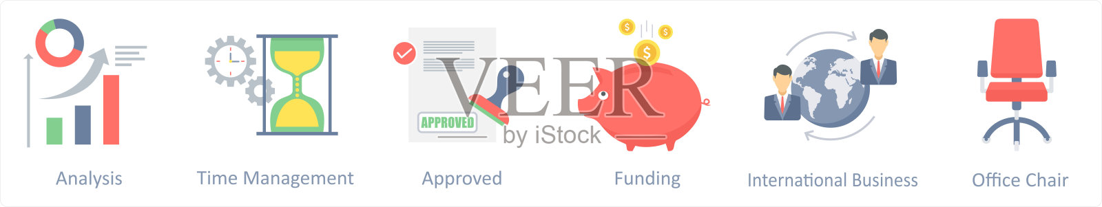 一组5个业务平面图标，如分析，报告，字符插画图片素材