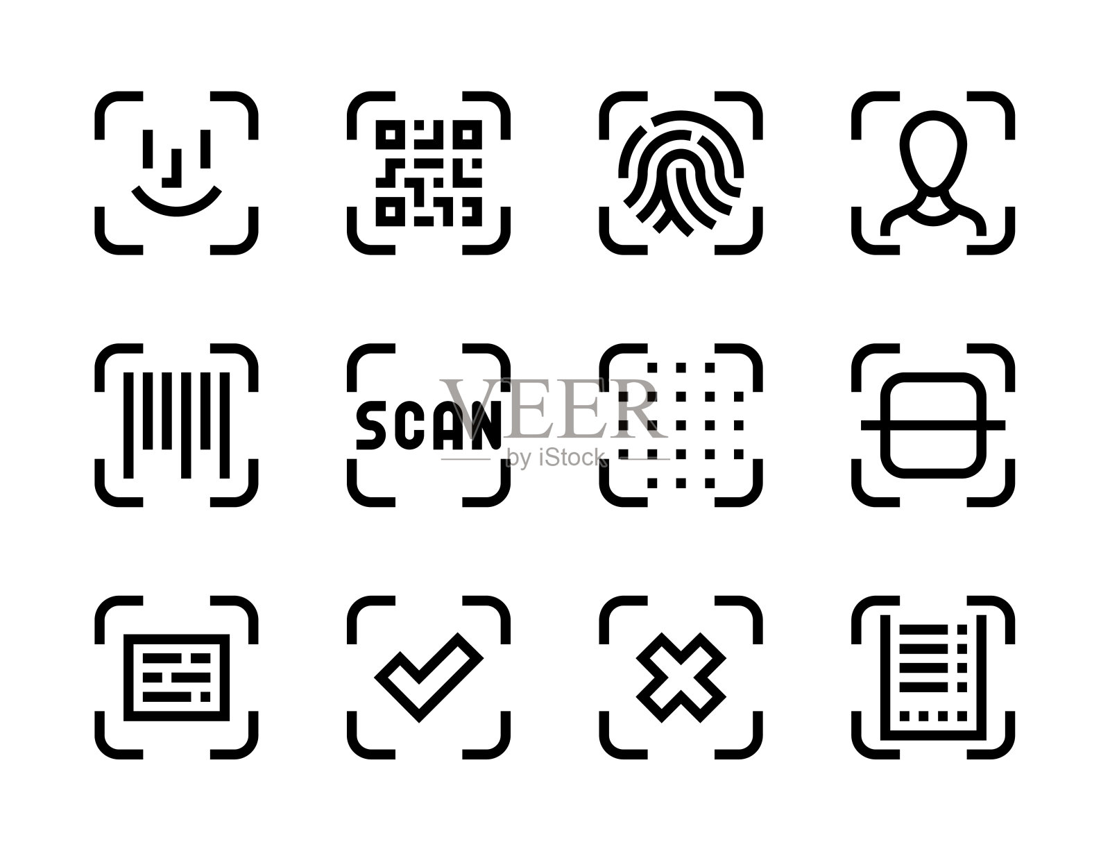二维码，人脸识别和扫描过程线矢量图标。图标素材