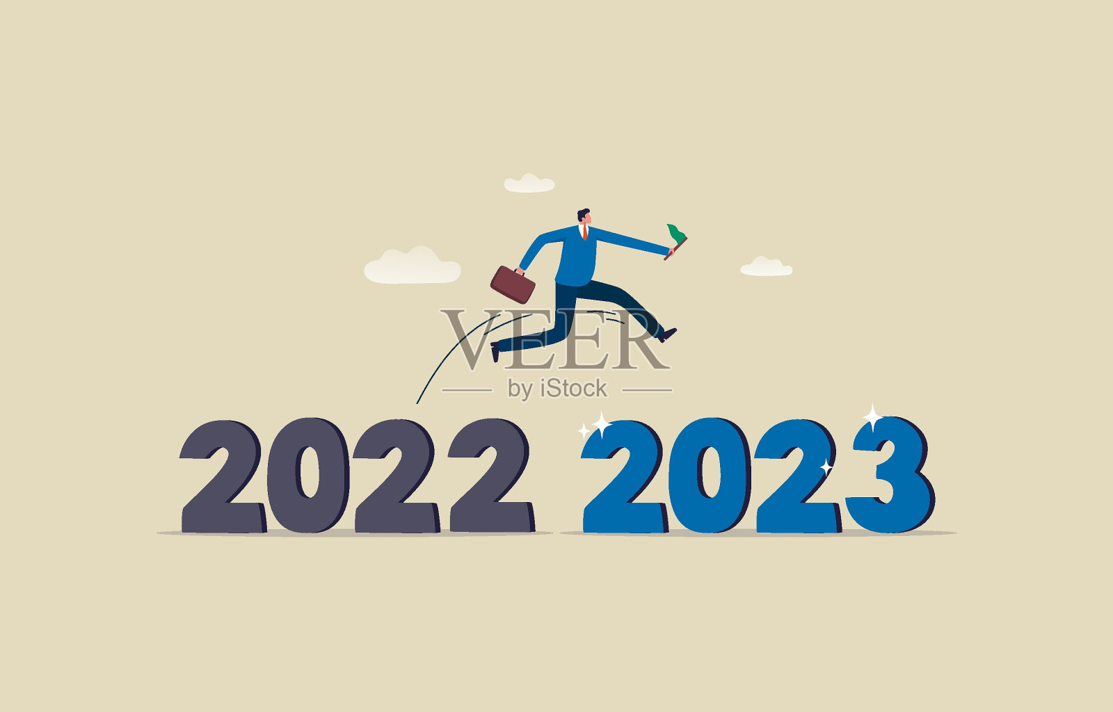 2023年新年快乐的概念。商人从2022年跳到了2023年。商业上的成功。插图插画图片素材
