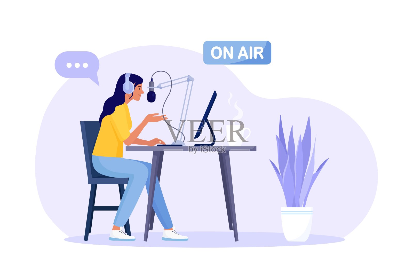 戴着耳机和麦克风的女士正在录制播客或在线节目。坐在桌子后面的电台主持人对着广播中的麦克风讲话。大众传媒广播插画图片素材