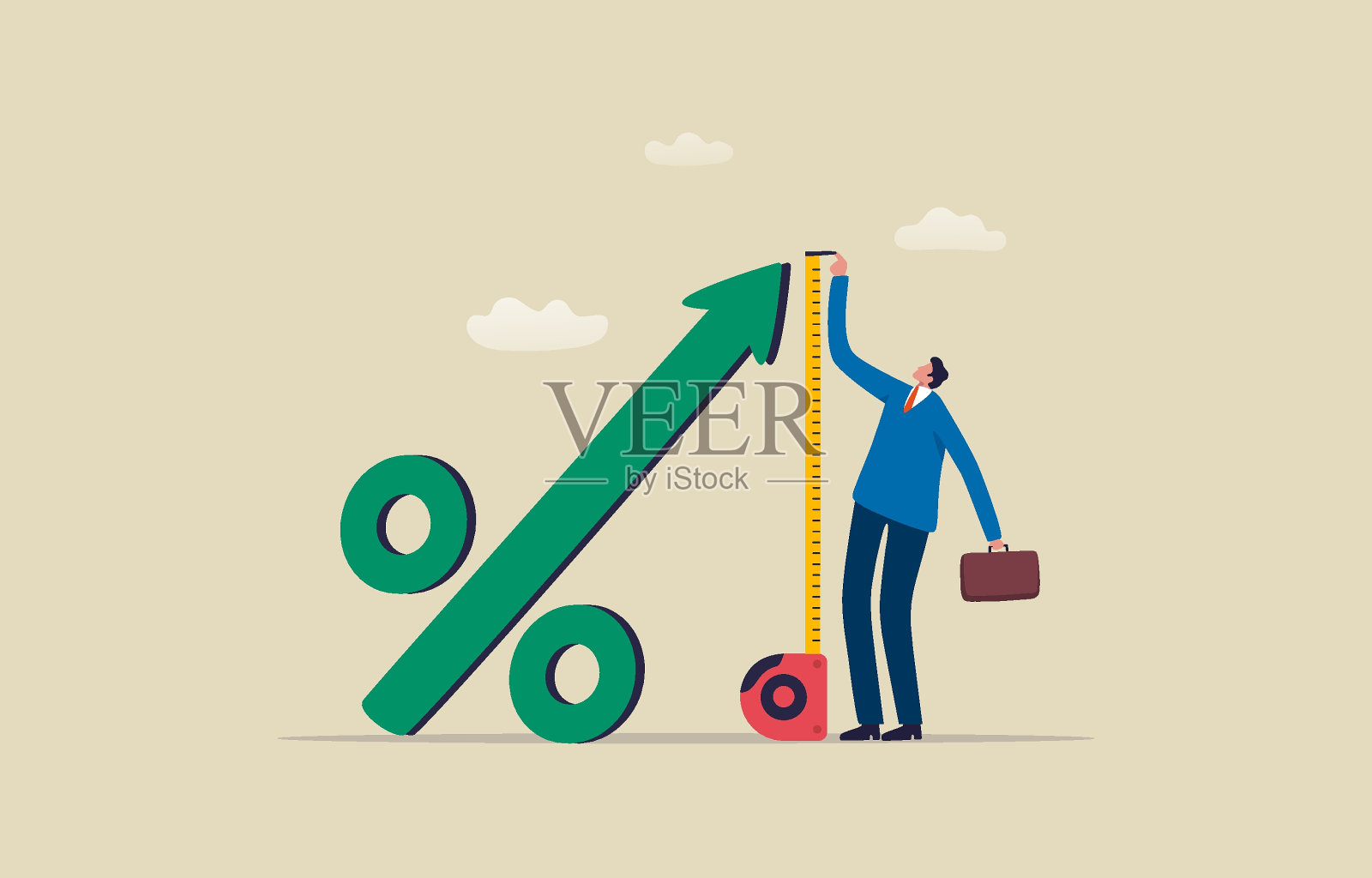 投资利润增长。商人用卷尺来测量百分比符号的高度。插图插画图片素材