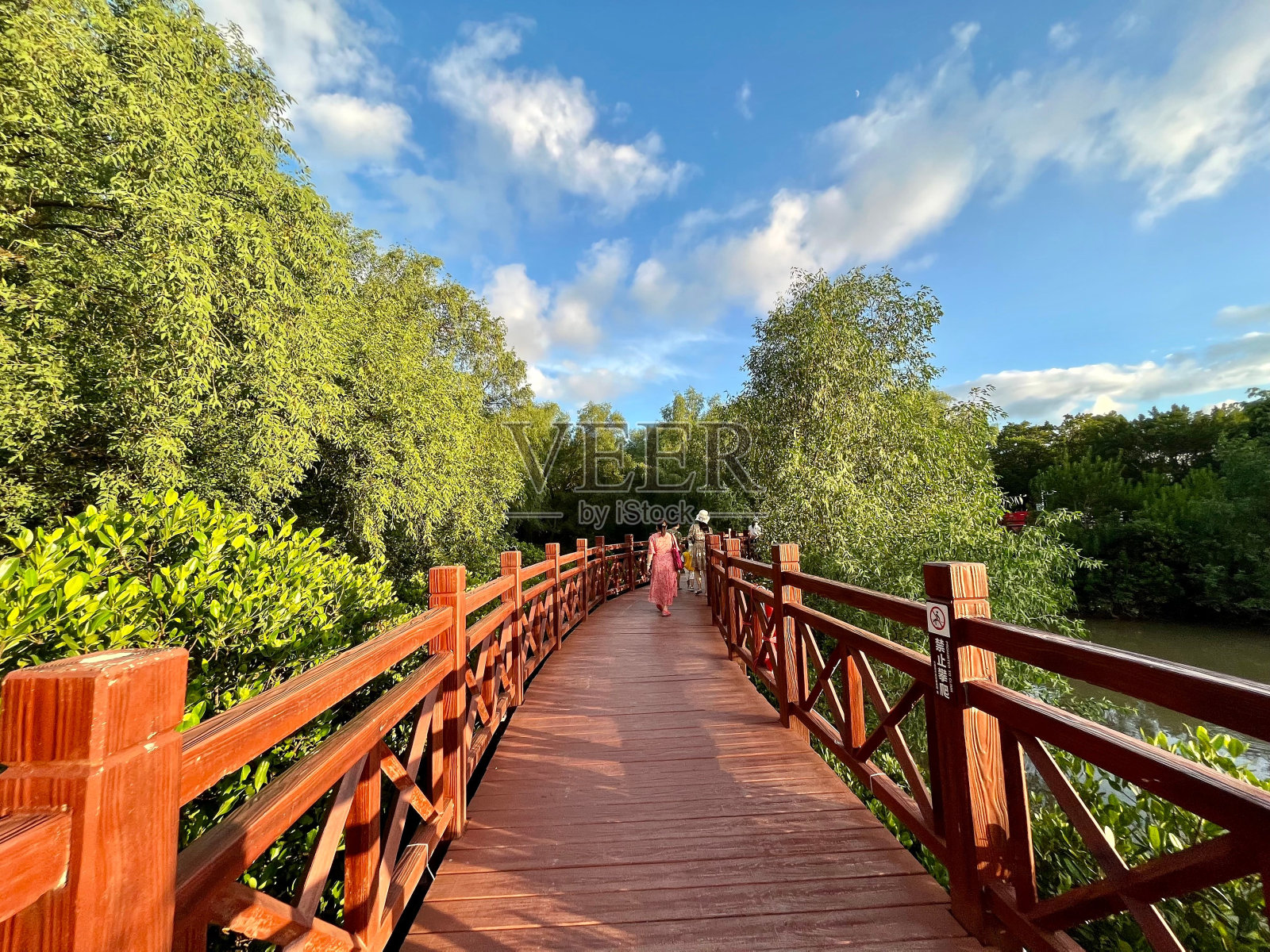 通往海滩的木制小路，一位女性走在中间照片摄影图片