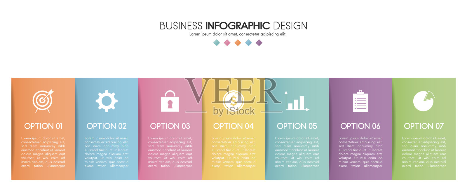 商业信息图设计。包含7个元素的图表。向量插画图片素材