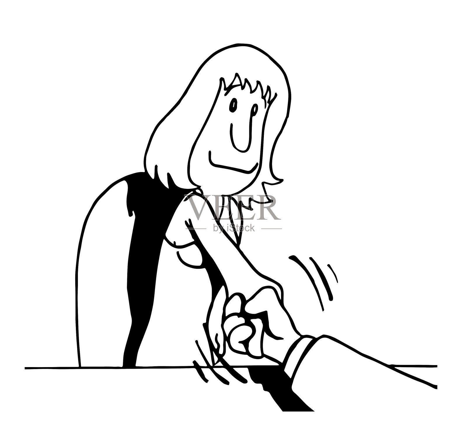 在面试结束时，可爱的女人微笑着站起来和一个男人握手。黑白卡通风格的矢量插图。插画图片素材