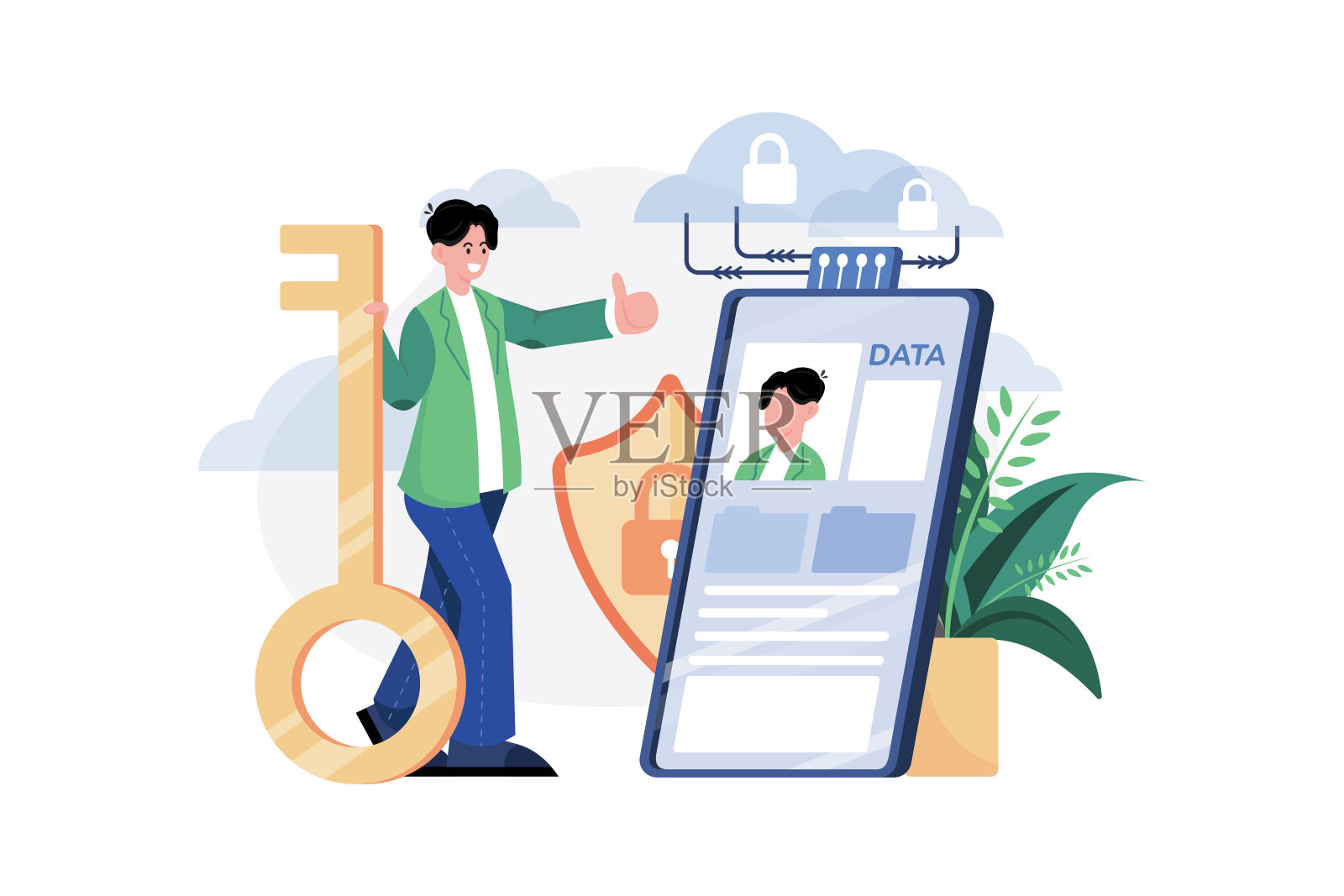 云数据安全说明概念。孤立在白色背景上的平面插图插画图片素材