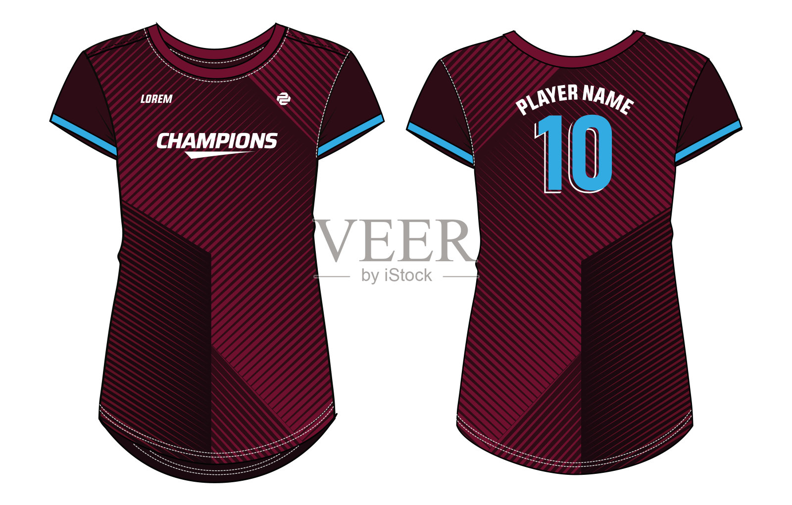 妇女运动球衣设计平面素描插图，条纹图案圆领t恤为女孩和女子排球球衣，足球，羽毛球，足球和无挡板球，运动制服套件插画图片素材