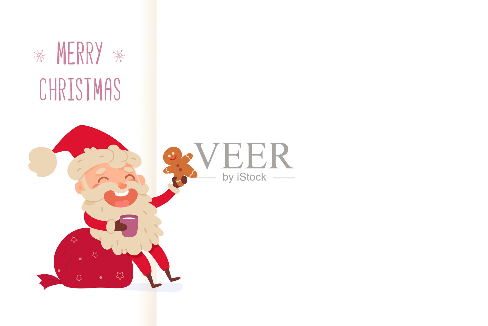 圣诞贺卡：圣诞老人手持饮料和姜饼饼干设计模板素材