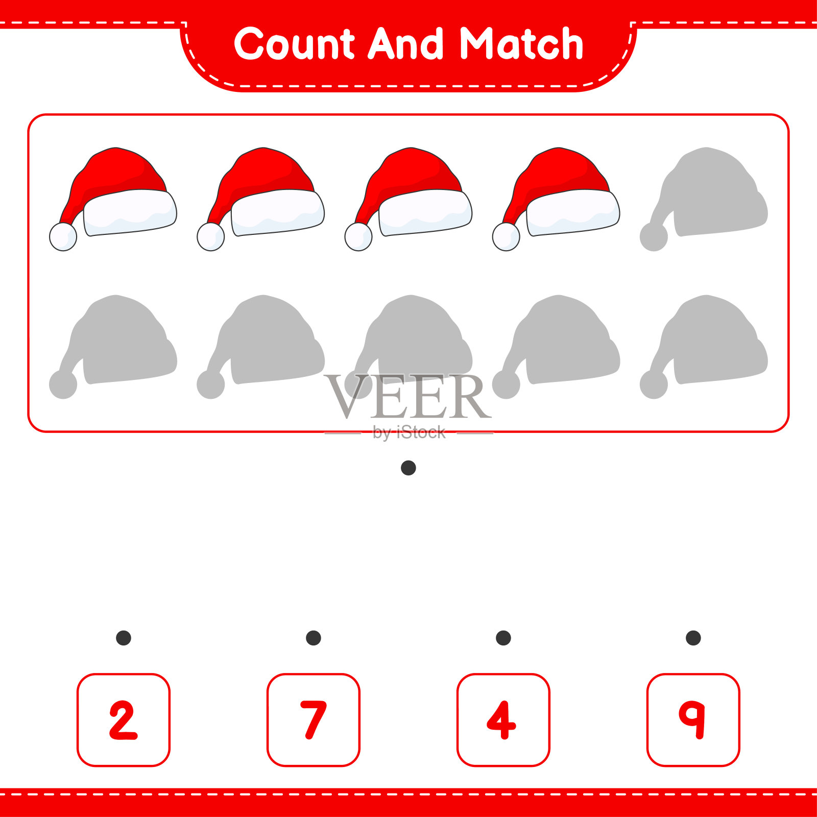 数并配对，数圣诞帽的数量，并与正确的数字配对。教育儿童游戏，可打印的工作表，矢量插图插画图片素材