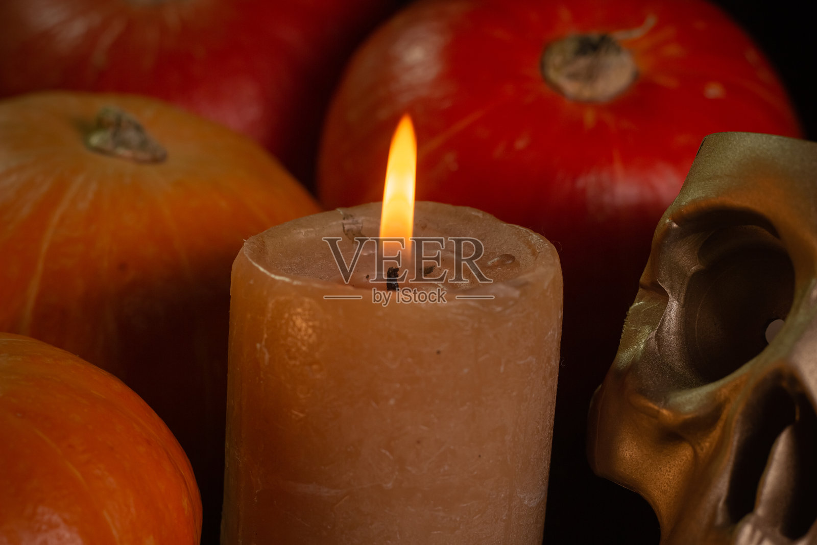 橙黄色的南瓜配上蜡烛和黑色背景上的骷髅头万圣节的概念和秋天收获的南瓜从上面的特写复制空间照片摄影图片