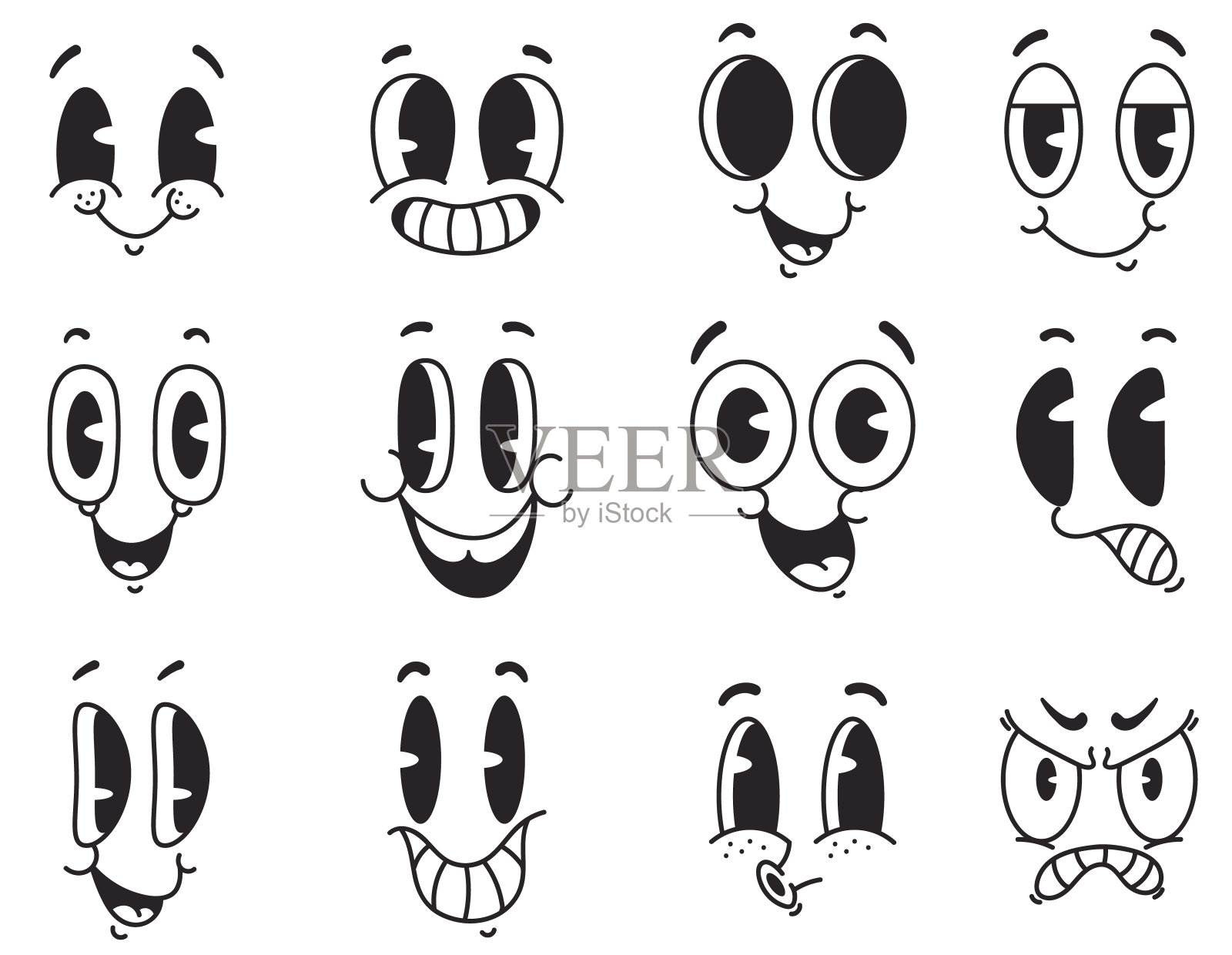 复古卡通风格人物面部表情漫画概念。矢量平面设计插画元素插画图片素材