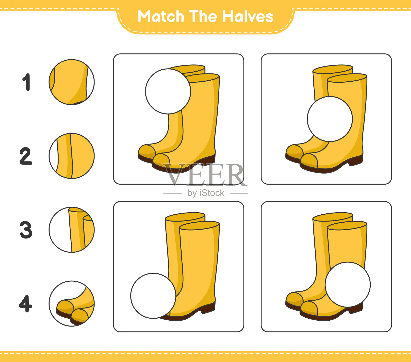 配对。配对两半胶靴。教育儿童游戏，可打印的工作表，矢量插图插画图片素材