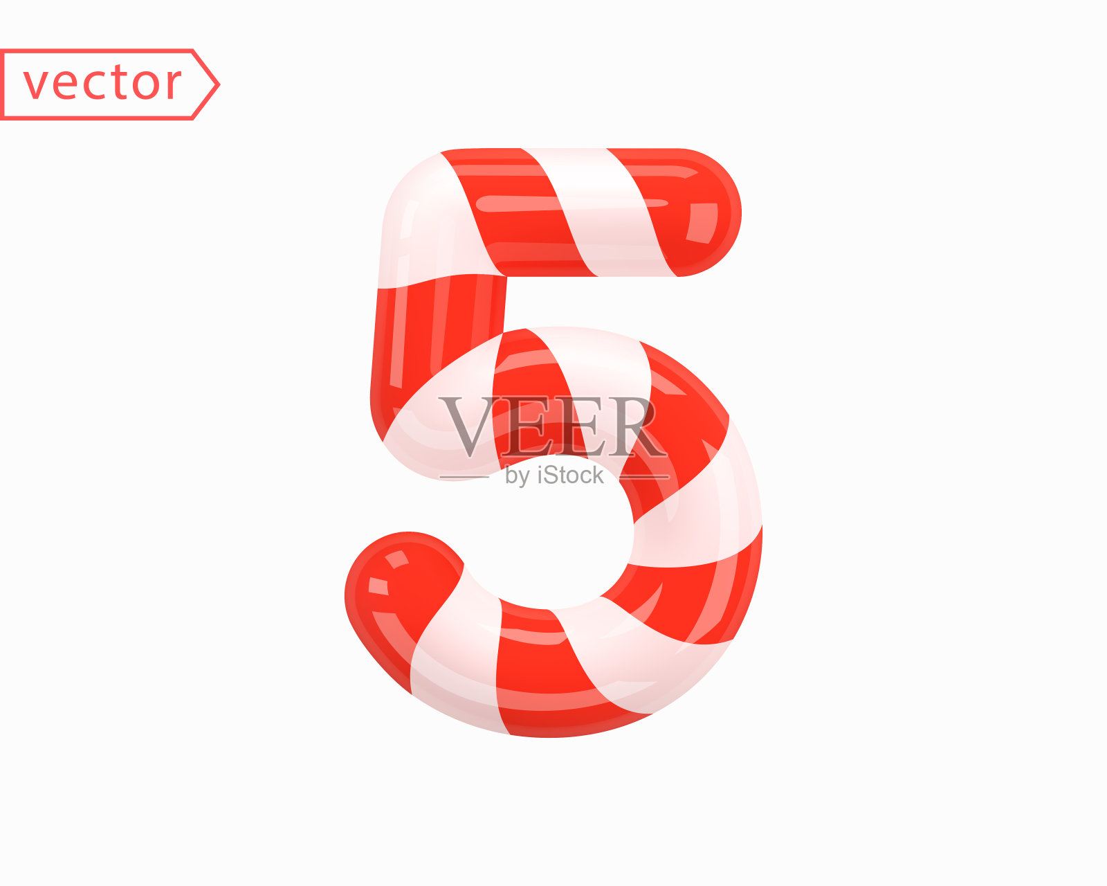 5号。3号标志白色与红色丝带交织在一起。3d数字作为卡通风格的拐杖糖。逼真的光滑物体孤立在白色背景上。3D符号图标矢量插图设计元素图片