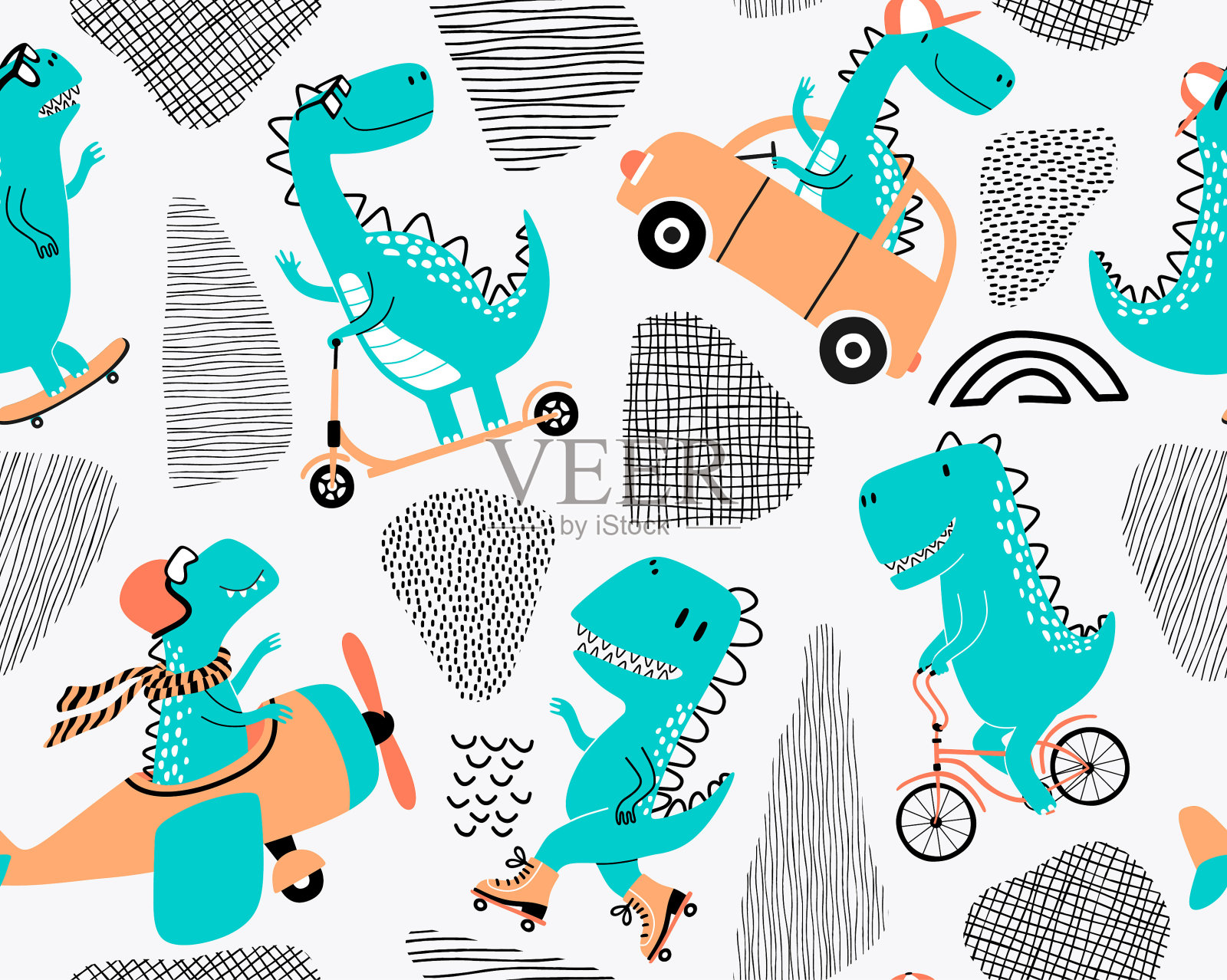 可爱的恐龙无缝图案时尚服装，面料，t恤。插画图片素材