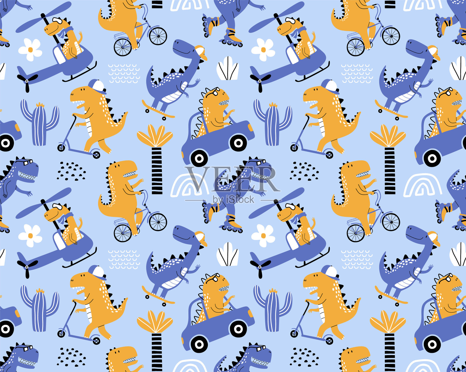 可爱的恐龙无缝图案时尚服装，面料，t恤。插画图片素材