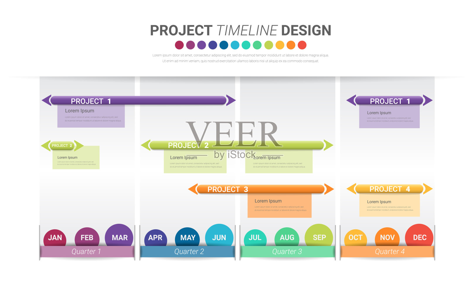 项目时间表为12个月，1年，所有月计划设计和演示业务项目。插画图片素材