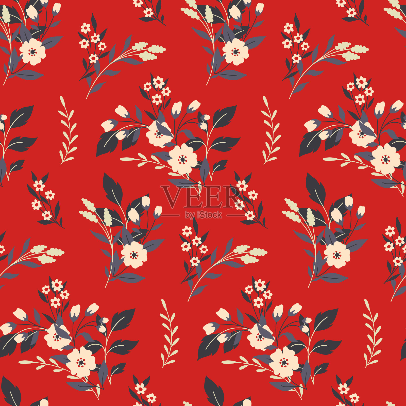 无缝的花卉图案与乡村装饰艺术植物，可爱的花朵印花与野生植物，花，枝，叶红色背景。向量。插画图片素材